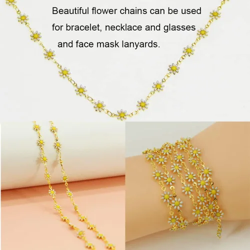 Vista 5 de Cadena de eslabones de girasol esmaltada hecha a mano con fornituras de latón chapado en oro para hacer joyas, máscara de vidrio, zapatos, Cc02