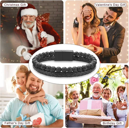 Vista 6 de LUXEJEW Gifts for Men - Mens Bracelet, Beaded Leather Bracelets for Men 6mm Tiger Eye Lava Rock Stone Handmade Bracelets Adjustable Stainless Steel