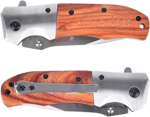Vista 2 de Cuchillo de bolsillo personalizado, cuchillos de caza con mango de madera grabado, regalos para hombres, papá, marido, hermano