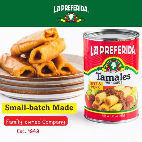 Vista 5 de La Preferida Tamales de carne de res y cerdo abundantes Tamales mexicanos enlatados en salsa roja, 15 onzas (paquete de 2)