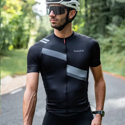 Vista 6 de Santic Camiseta de ciclismo para hombre, manga corta, camiseta de ciclismo de carretera, con cremallera completa, UPF 50+, MTB con bolsillos