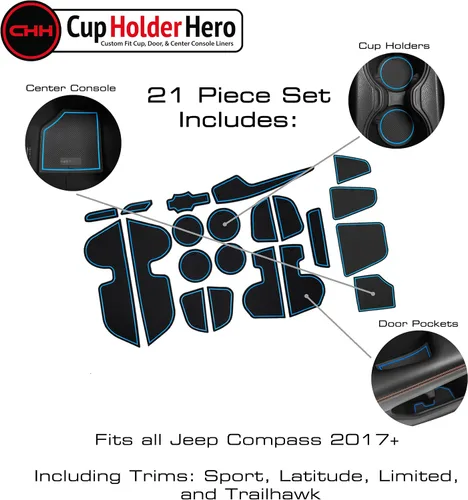 Vista 3 de Compatible con accesorios Jeep Compass 2018-2021 - Insertos de portavasos antideslizantes para interiores de alta calidad, antipolvo, tapetes