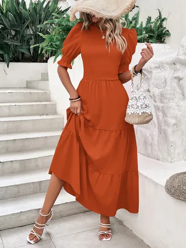 Vista 49 de BTFBM Vestidos para mujer, cuello redondo, casual, de verano, con volantes, manga corta, bohemio, con niveles, fruncido, largo, con estampado floral