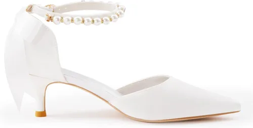 Vista 4 de Coutgo Zapatos de vestir para mujer con correa de tobillo con perlas y tacón bajo D'Orsay de satén en la parte trasera Tieknot Tacones puntiagudos