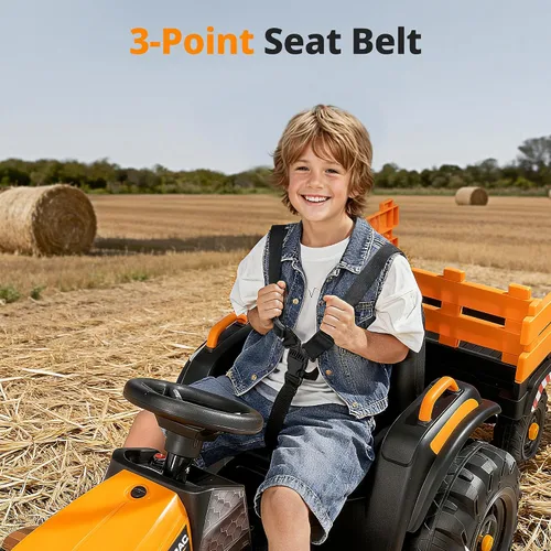Vista 5 de Juguetes de paseo JCB con licencia de 24 V, tractor eléctrico para niños grandes 3-8 con remolque Amarillo