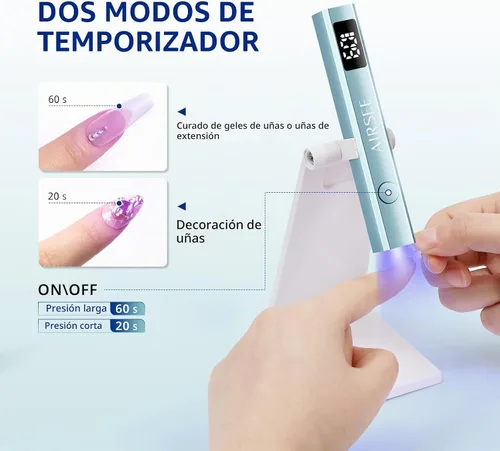 Vista 4 de AIRSEE Mini lámpara de uñas inalámbrica con pantalla y soporte para uñas de Verde menta con soporte