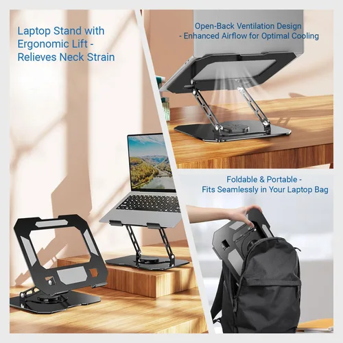 Vista 4 de Soporte ajustable para laptop para escritorio, elevador ergonómico giratorio de 360°, soporte plegable para computadora portátil compatible