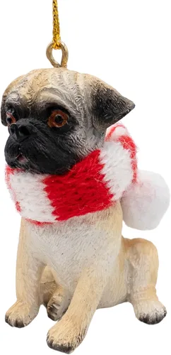 Vista 2 de Pug Puppy First Christmas Tree - Adorno para perro con bufanda de bastón de caramelo de tela