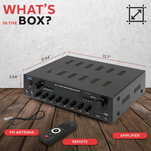 Vista 7 de Pyle Receptor Amplificador Estéreo de 400W - Amplificador de Audio BT para el Hogar con Lectores USB/SD, Radio FM, Aux de 3.5mm, Fono, Entradas
