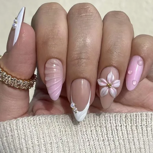 Vista 15 de Uñas postizas a presión, uñas postizas medianas con diseño de almendra, 24 A-1