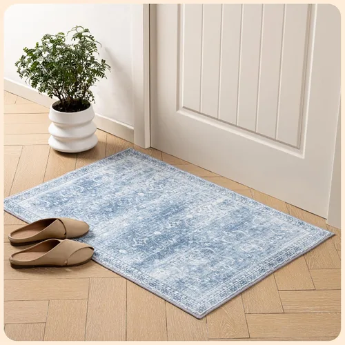 Vista 98 de Istana Alfombra larga antideslizante de 2.5 x 8 para el hogar, para pasillo y cocina, lavable, sedosa y suave al tacto, elegante, color azul y marfil