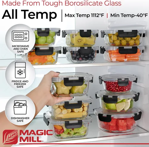 Vista 2 de Recipientes de vidrio de borosilicato premium de Magic Mill con tapas Juego de 24 piezas con 12 tazones y 12 tapas herméticas con cierre para Negro