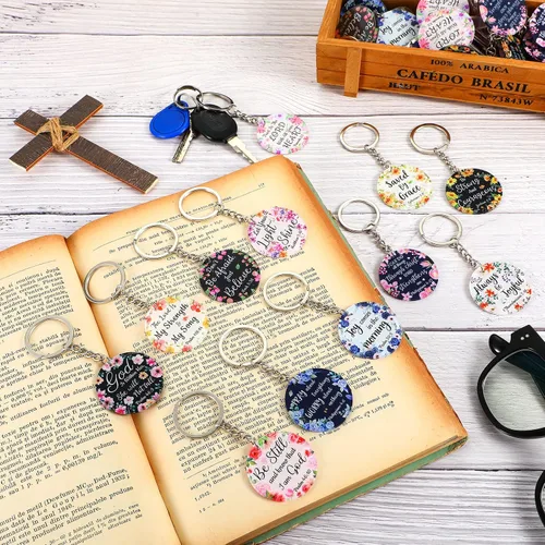 Vista 7 de Janmercy 120 llaveros cristianos de acrílico con versículo bíblico floral, regalos religiosos, joyería para mujeres, hombres, niñas, niños