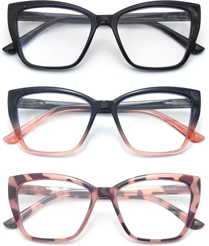 Vista 8 de HIGHLIKE 3-Pack Reading Glasses for Women Stylish Cat-Eye Spring Hinge Clear Lenses Readers Anti Eyestrain