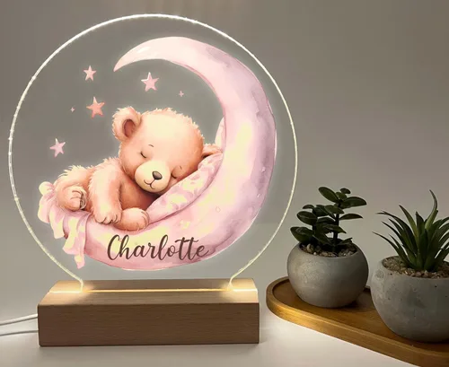 Vista 4 de Osito de peluche rosa luna y estrellas luz nocturna para habitación de niños, luz de guardería, luz personalizada para niñas, regalo para niños
