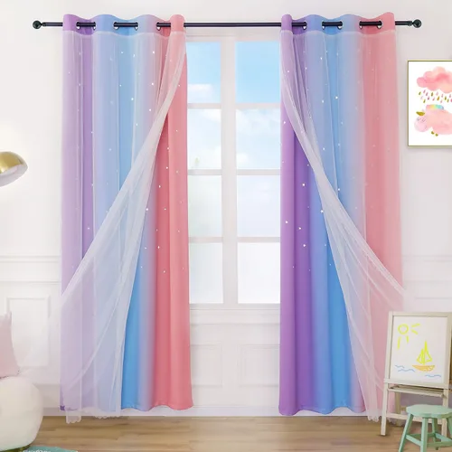 Vista 11 de Anjee Cortinas de estrellas para niñas, estilo recortado, 2 en 1, de doble Azul/Púrpura/Amarillo