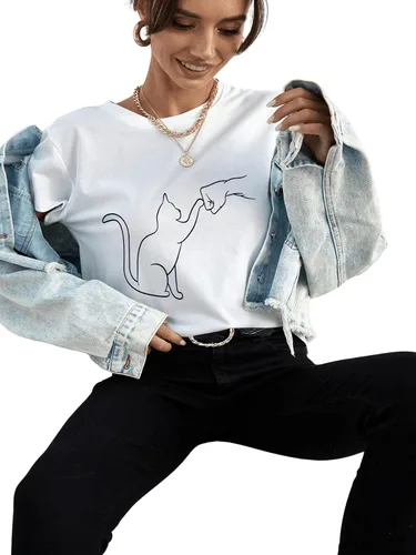 Vista 4 de SweatyRocks Camiseta básica de manga corta con estampado de gato y cuello redondo para mujer