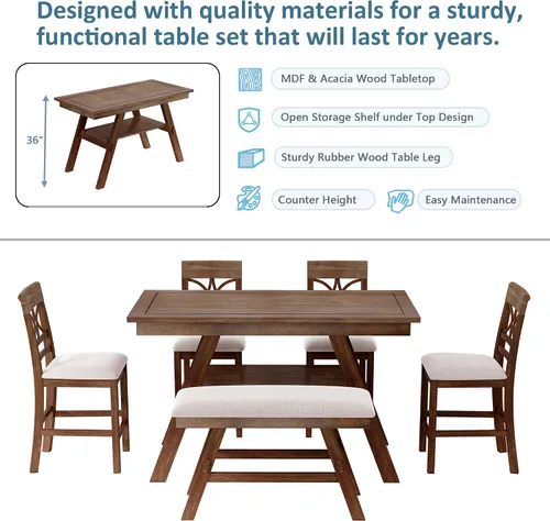 Vista 201 de Juego de mesa de comedor vintage de 6 piezas, juego de mesa de comedor de cocina de madera maciza con 4 sillas ergonómicas acolchadas y banco, mesa