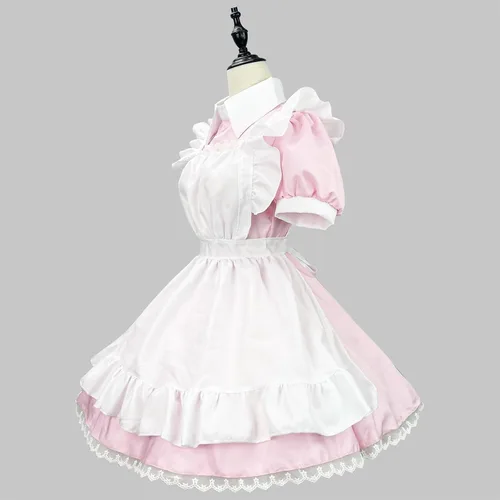 Vista 4 de Traje de sirvienta para adultos, talla grande, vestido de sirvienta de manga corta, vestido de cosplay, vestido de moda, lindo delantal, vestidos