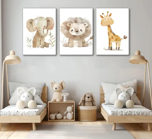Vista 4 de UNDDISINS 3 piezas de lienzo para guardería de animales, arte de pared, acuarela, animales de bebé, pintura para decoración de pared, lindo