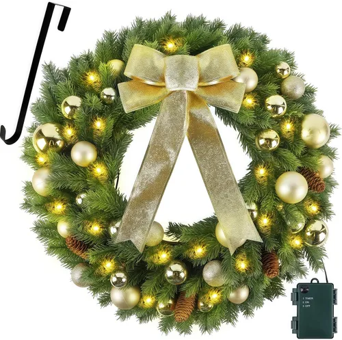 Vista 9 de Hausse - Corona de Navidad iluminada con colgador de metal, corona de Navidad pre-iluminada con lazo dorado grande y bolas, funciona