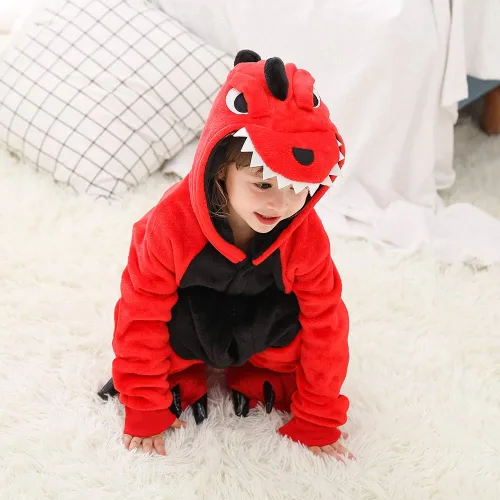 Vista 2 de Fanhong Pijama estilo mameluco de dinosaurio para niños, disfraz de Halloween, pijama para Navidad, cosplay, pijama de felpa de forro polar