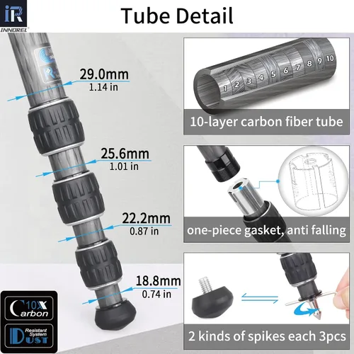 Vista 3 de INNOREL Trípode horizontal de fibra de carbono de 10 capas HT284C con columna central giratoria de 360 grados para DSLR, video, videocámara, cámara