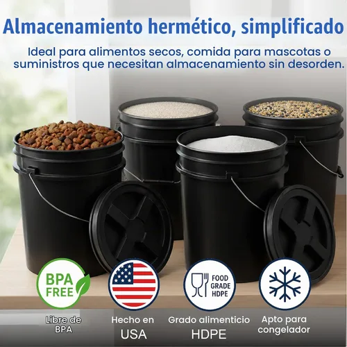 Vista 2 de ePackageSupply - Cubo de 5 galones, grado alimenticio, sin BPA, color negro y negro, 1 unidad Negro/Negro