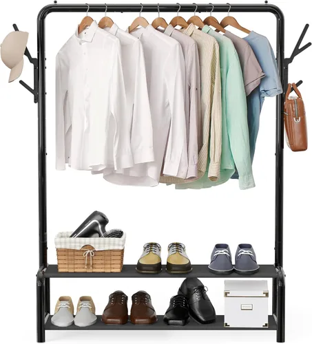 Vista 7 de Simple Houseware Perchero de Ropa Independiente de 52 Pulgadas con Estantes de Almacenamiento y Ganchos para Abrigos/Sombreros, Negro