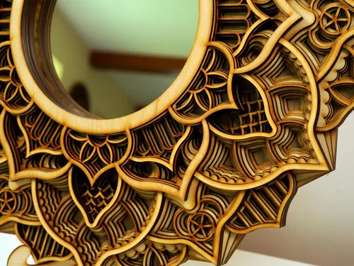 Vista 4 de BHDecor Espejo para decoración de pared para el hogar, marco tallado con corte láser, elegante mandala de madera para colgar, paneles de MDF