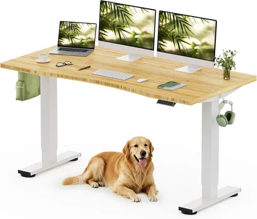 Vista 38 de FLEXISPOT Escritorio de pie de madera maciza, escritorio de madera real de una pieza, escritorio eléctrico de altura ajustable para oficina en casa