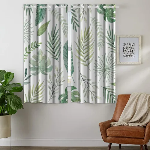 Vista 2 de YISUMEI Cortinas de plantas, hojas de palma verde tropical, cortinas opacas decorativas botánicas para ventana para dormitorio y sala de estar