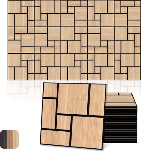 Vista 13 de Paneles acústicos, decoración de grano de madera de PVC, azulejos de pared con patrón tallado de 12 x 12 pulgadas, autoadhesivos para reducción