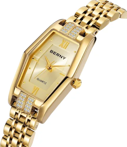 Vista 2 de BERNY Relojes de oro para mujer, delicado hexágono, reloj de pulsera de cuarzo para mujer, correa de acero inoxidable, reloj analógico de moda Dorado