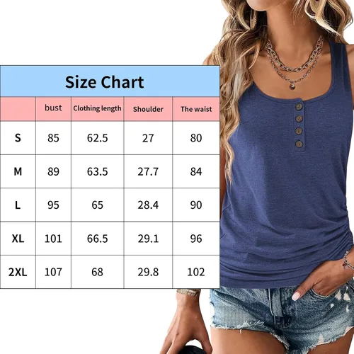 Vista 2 de AIZHINENG Camisetas sin mangas con cuello en U para mujer, sin mangas, holgadas, con botones, estilo Henley