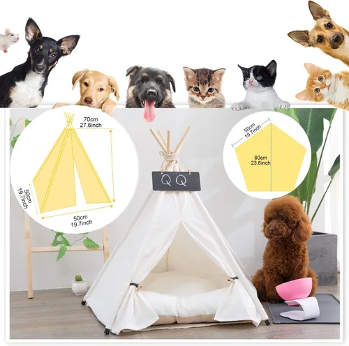 Vista 3 de Pet Teepee Tent for Dogs, Cats & Rabbits Washable Pet House with Removable Cushion & Interactive Blackboard for Puppy Indoor Dog Cat Bed