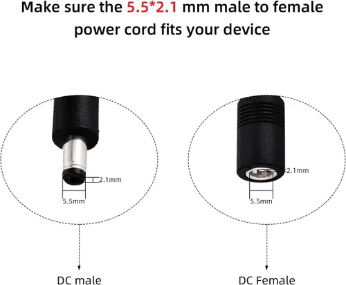 Vista 2 de Cable de extensión de alimentación CC de 1 pie, 5.5 mm x 2.1 mm, 18 AWG, macho a hembra, cable de extensión de 12 V para cámara de vigilancia CCTV