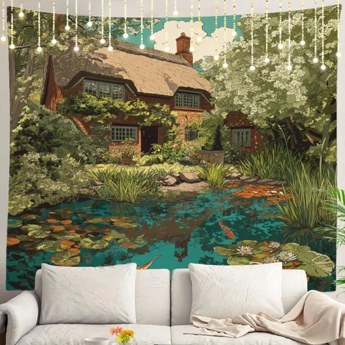 Vista 67 de Shrahala Peaceful Retreat Charming Abode Tapestry, Verdant Landscape Water Wall Hanging Hd Print Polyester Backdrop For Dorm Room Bedroom 30 X 40 In