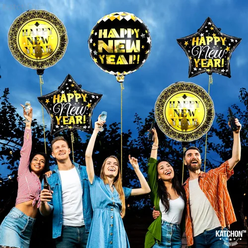 Vista 6 de KatchOn, Globos negros y dorados de Año Nuevo – 18 pulgadas, paquete de 5 Globos de feliz año nuevo para suministros de fiesta de Año Nuevo 2025