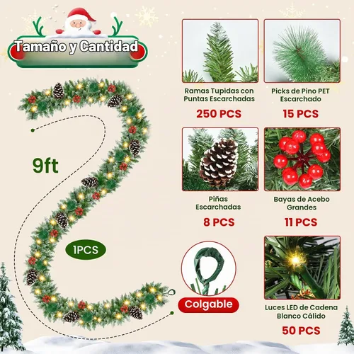 Vista 2 de Guirnalda de Navidad con luces de 9 pies, guirnalda de Navidad artificial de 250 piezas de ratán verde, decoración artificial para escaleras, pared