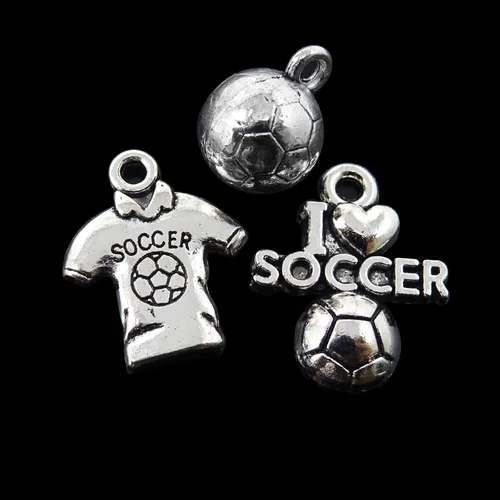 Vista 4 de Honbay 60 dijes deportivos de bola de aleación, dijes de fútbol con texto en inglés "I Love Soccer Soccer Jersey", colección de dijes deportivos