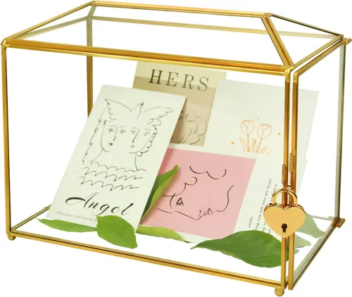 Vista 11 de YIMORENCE V Tarjetero de cristal dorado – Caja de sobres de boda con forma rectangular con ranura y pie, perfecto para recepción y centro de mesa