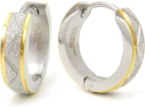 Vista 5 de Pendientes de aro para hombre de acero inoxidable con rayas en zigzag, color dorado, borde biselado negro