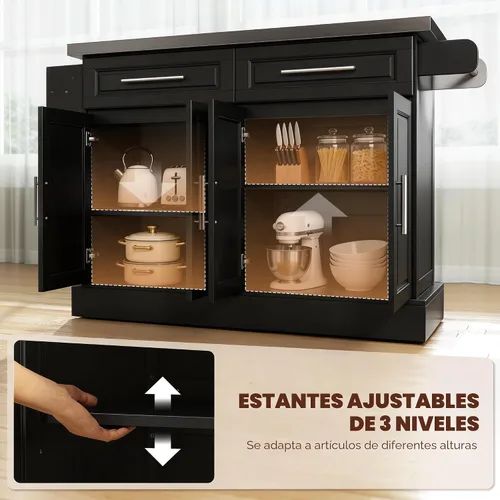 Vista 4 de HomCom Isla para cocina. Gabinete moderno con ruedas, con parte superior de acero inoxidable., Negro Mesa de isla portátil para cocina, ruedas