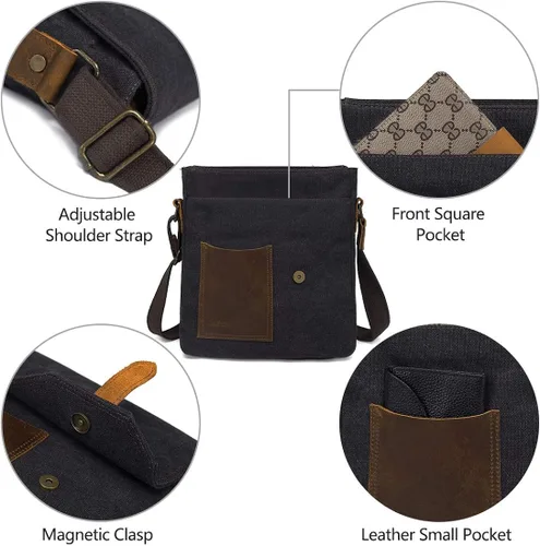 Vista 5 de VASCHY - Bolso bandolera ligero de cuero de lona vintage