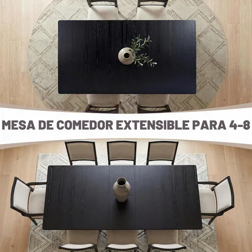 Vista 3 de HNY Mesa de comedor de madera extensible para mesas de cocina rectangulares modernas de 4 a 8 pulgadas, 71 pulgadas con base de madera, mesa de Negro