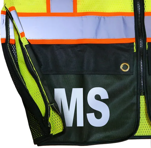 Vista 7 de Chaleco de seguridad EMS Survivor, Tipo R Clase 2, logotipos reflectantes con bolsillo trasero gigante. Amarillo con plata/logotipo reflectante
