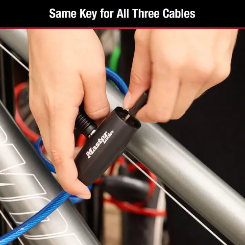 Vista 5 de Master Lock Cables para candado de bicicleta con llave, azul, verde y rojo, paquete de 3 cerraduras de cable de bicicleta con llave, 6 pies