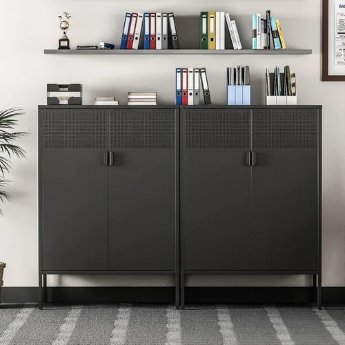 Vista 14 de Gabinete de almacenamiento de metal ancho negro, gabinete de acento de 2 puertas para el hogar y la oficina, gabinete de metal bajo de 2 niveles