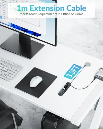 Vista 5 de PHIXERO Concentrador USB de 7 puertos, 3.3 pies/3.3 ft de largo Cable USB 3.0 Hub Hub Multi USB Hub Adaptador de Extensión USB Divisor USB Hub USB